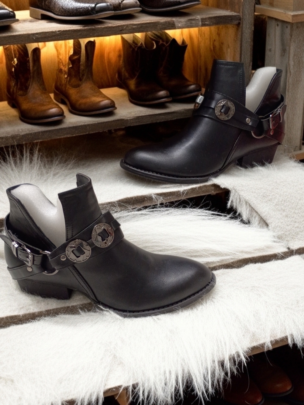GC Shoes Elisa Western Black Leather Ankle Booties with Harness Accent 8.5
